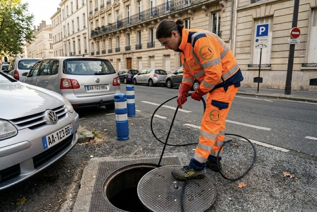 Technicien effectuant un curage de canalisations à Paris