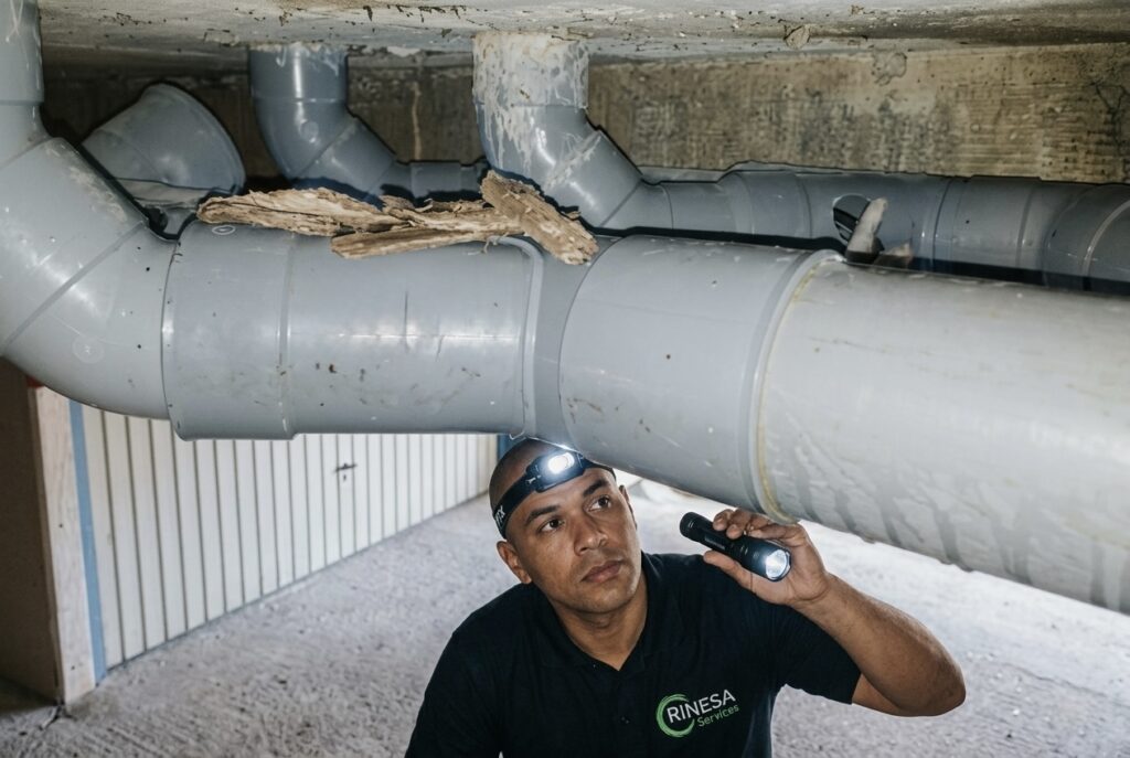 Technicien Rinesa Services réalisant l'entretien d'un réseau d'assainissement