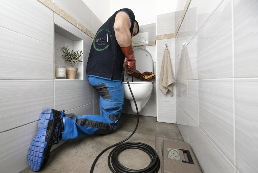 Technicien Rinesa Services débouchant une canalisation encrassée en Île-de-France