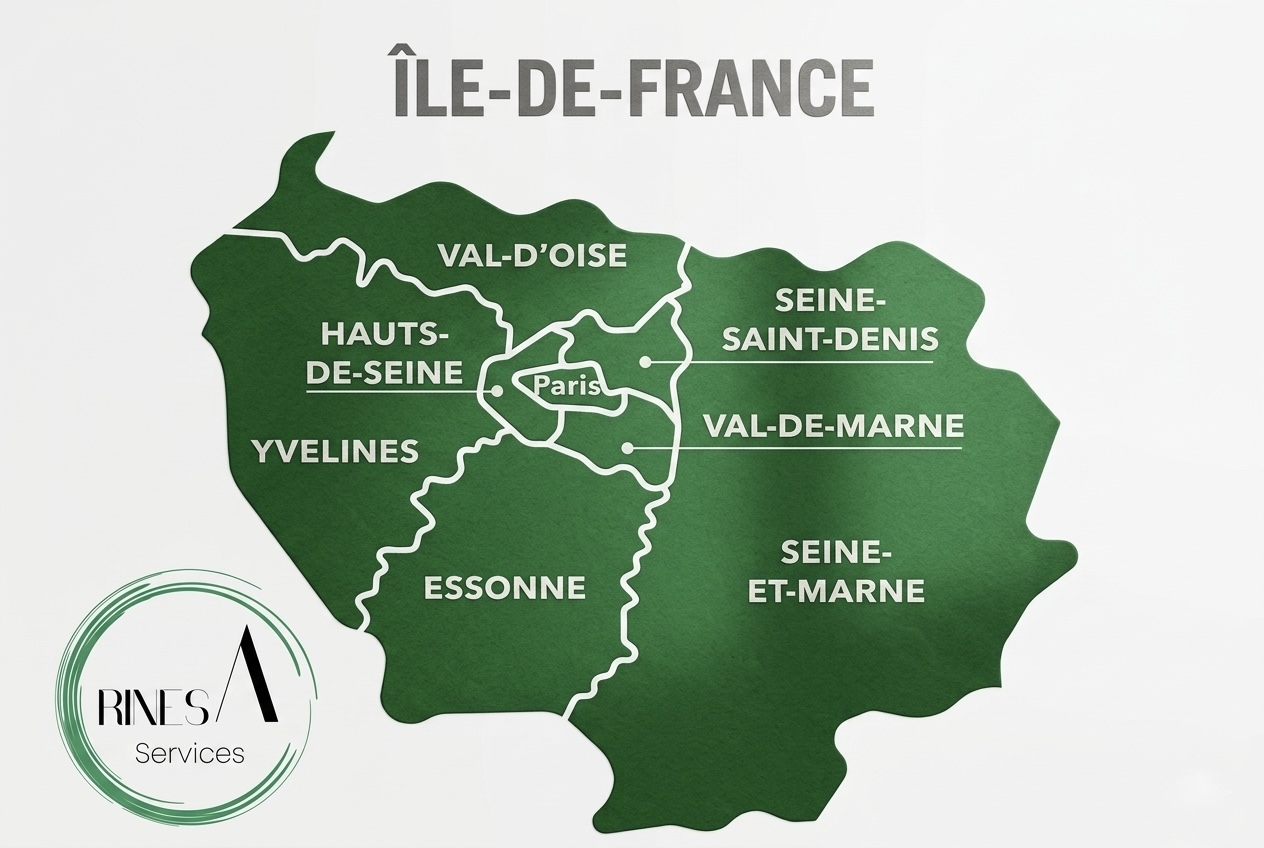 Carte des départements en Île-de-France ou intervient Rinesa Services
